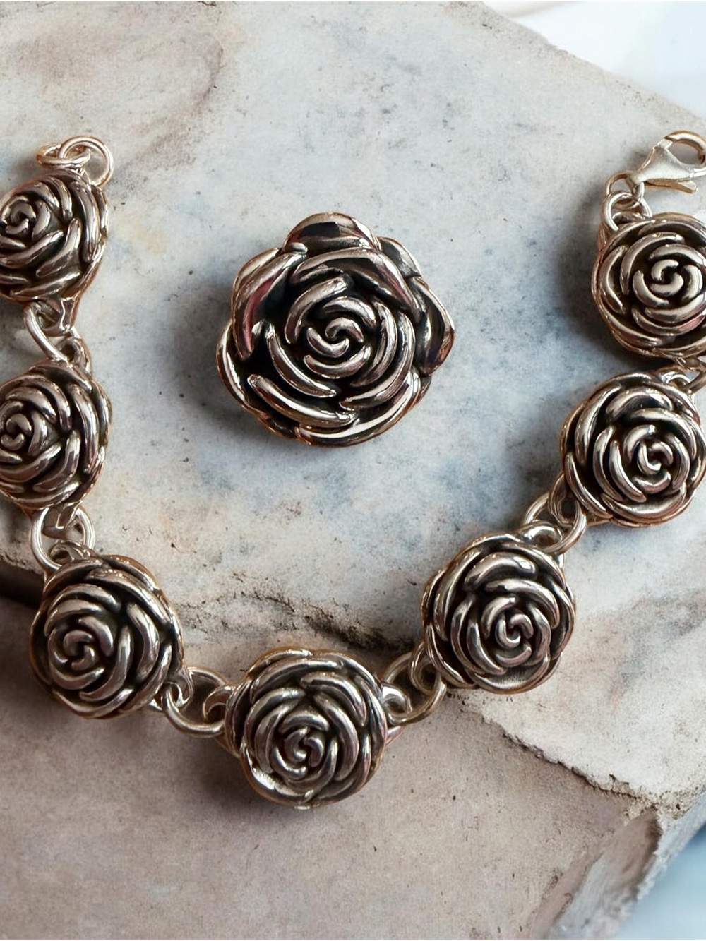 Sterling Silver Rose Link Bracelet and Ring Set - Silver